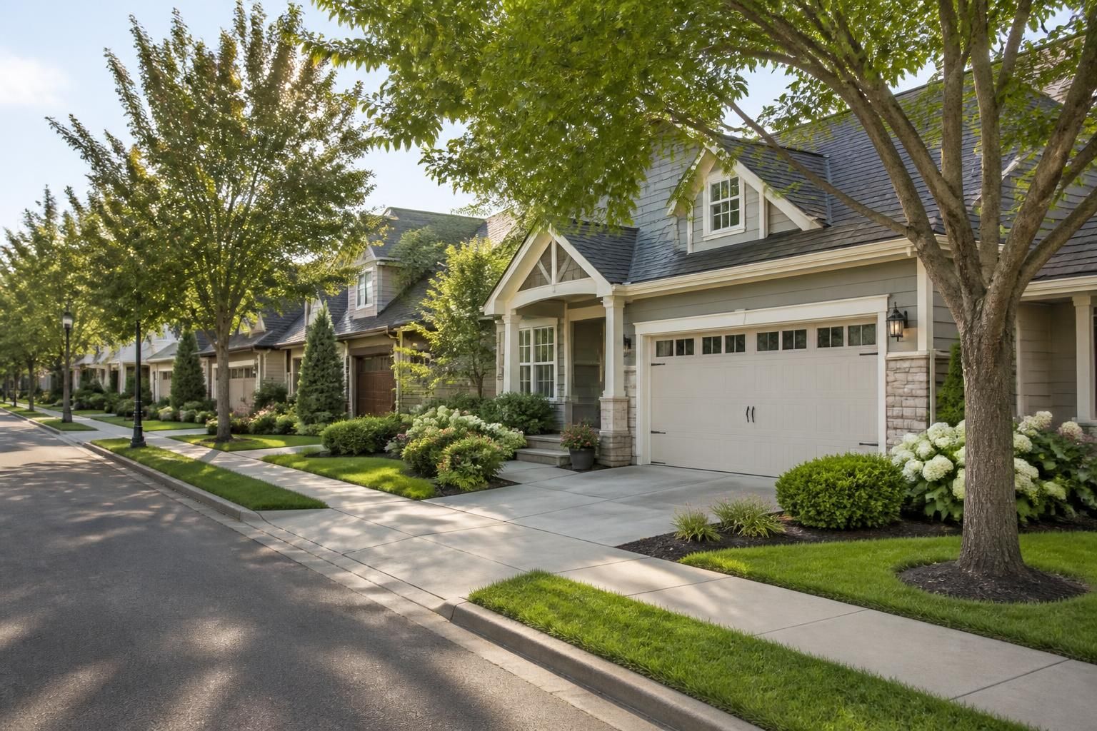 Residential street with mature trees and garage-front homes.