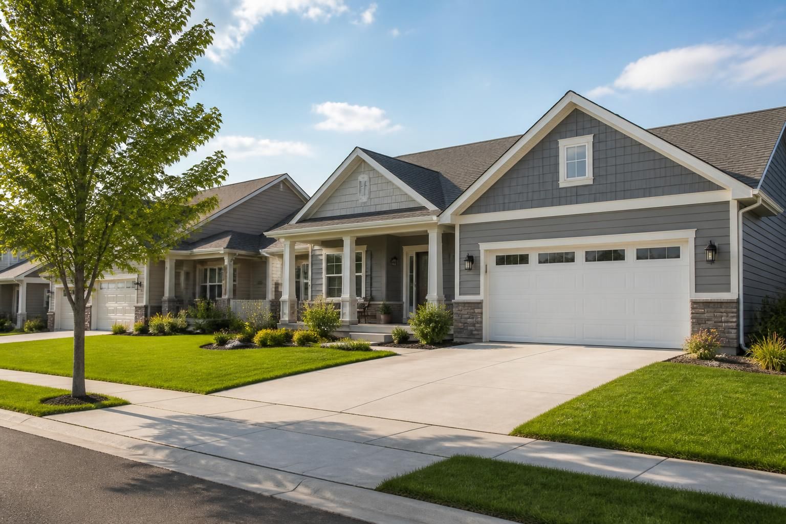 Suburban homes with clean garage entrances in daylight.