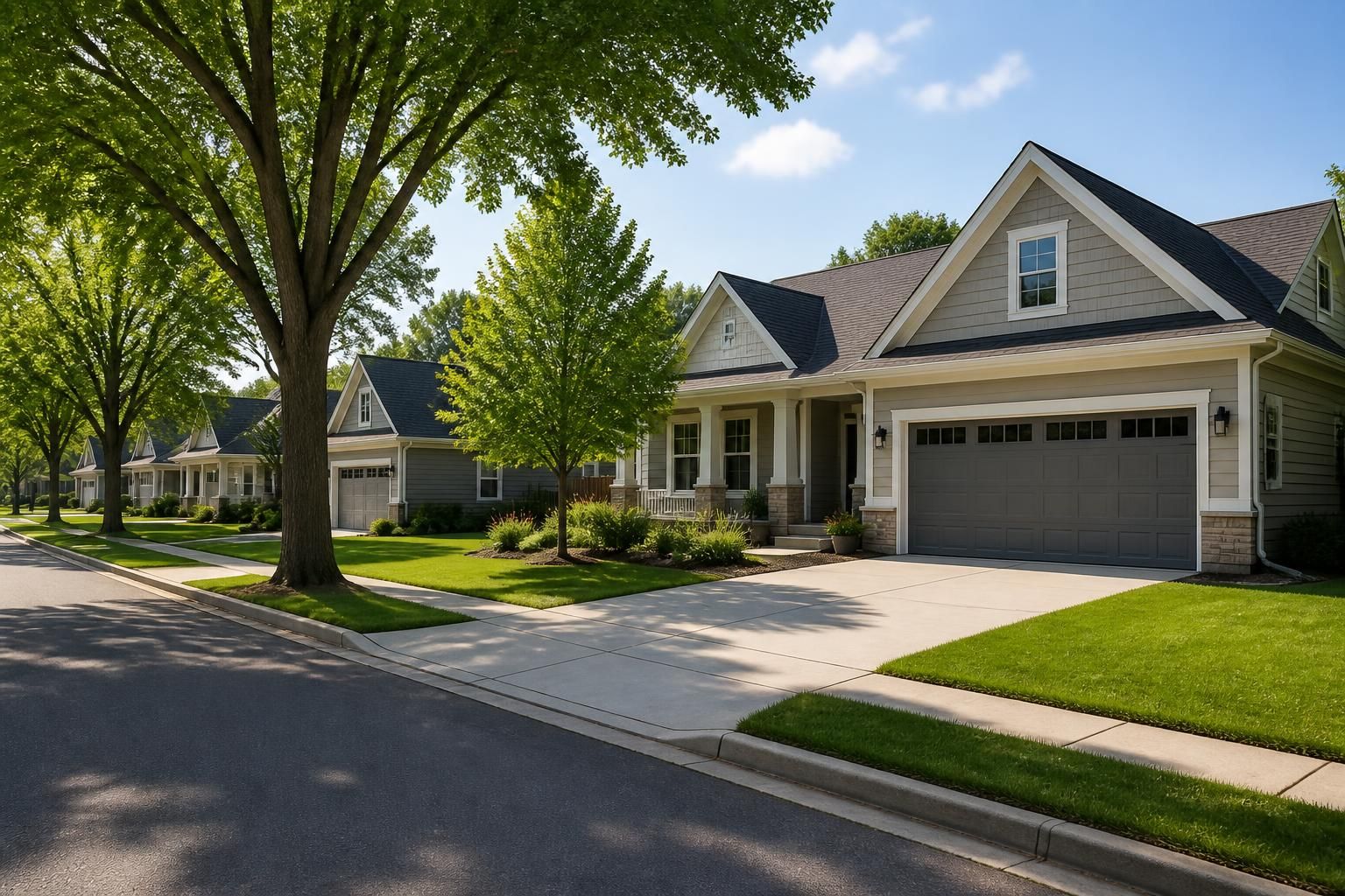Tree-lined neighborhood with clean homes and garage exteriors.