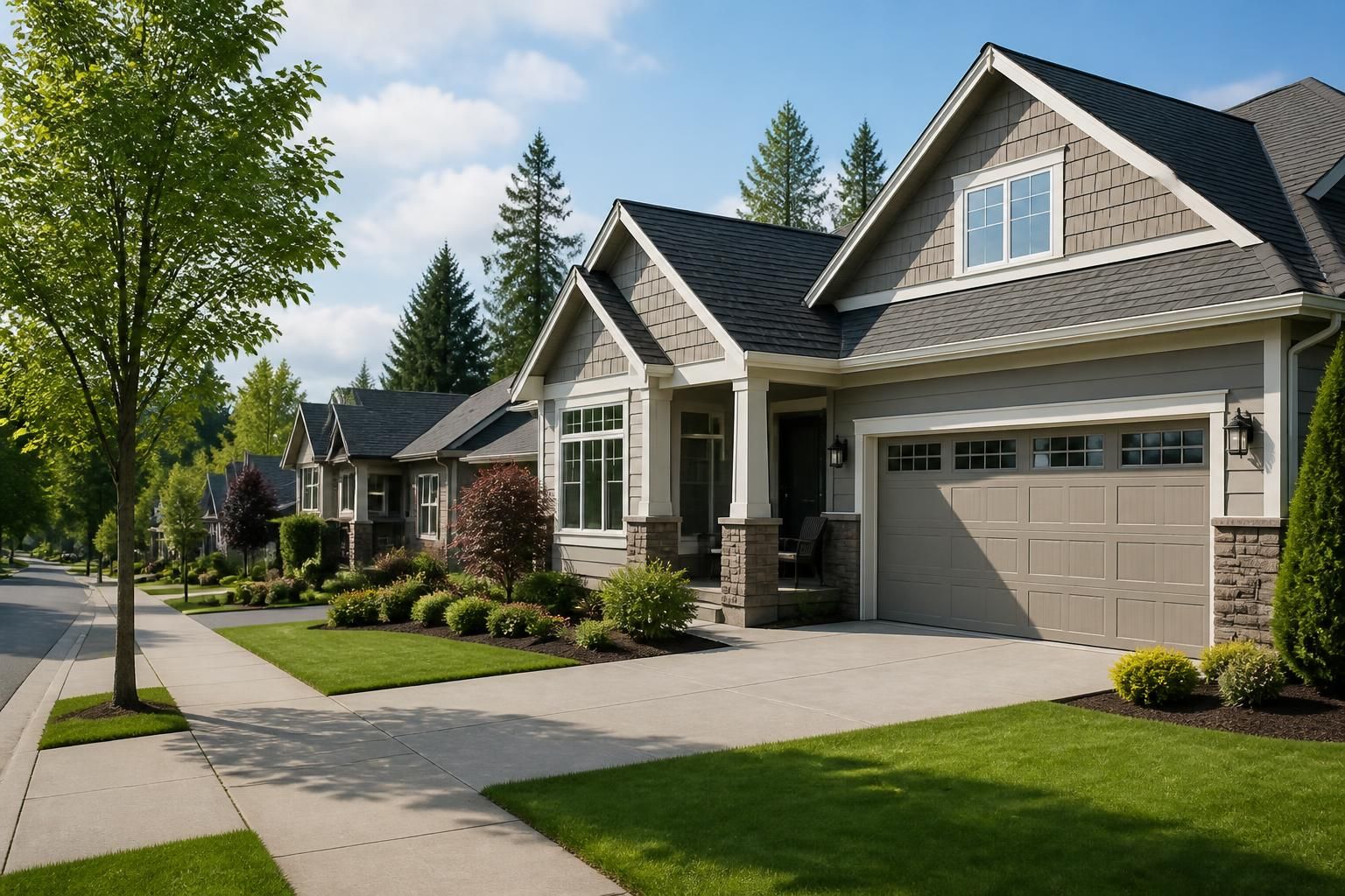 Modern neighborhood homes with visible garage doors.