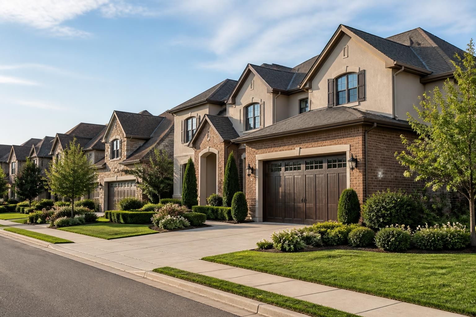 Upscale homes with clean garage exteriors and neat landscaping.