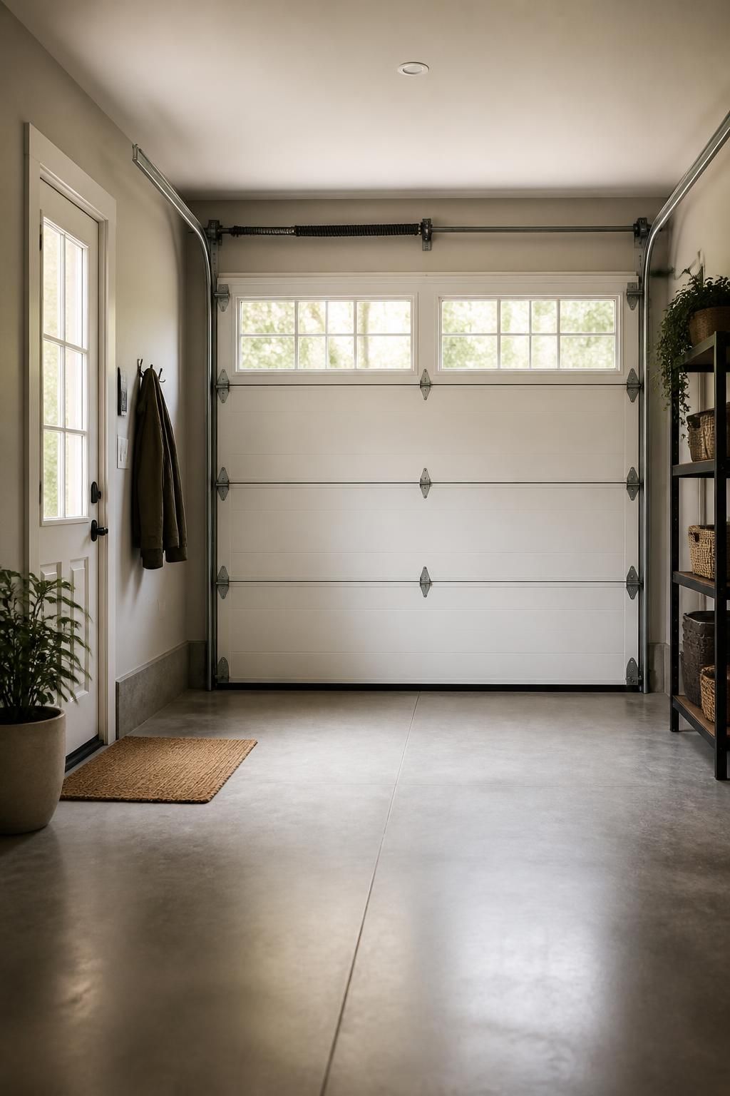 Clean garage interior with a finished door and tidy storage space.