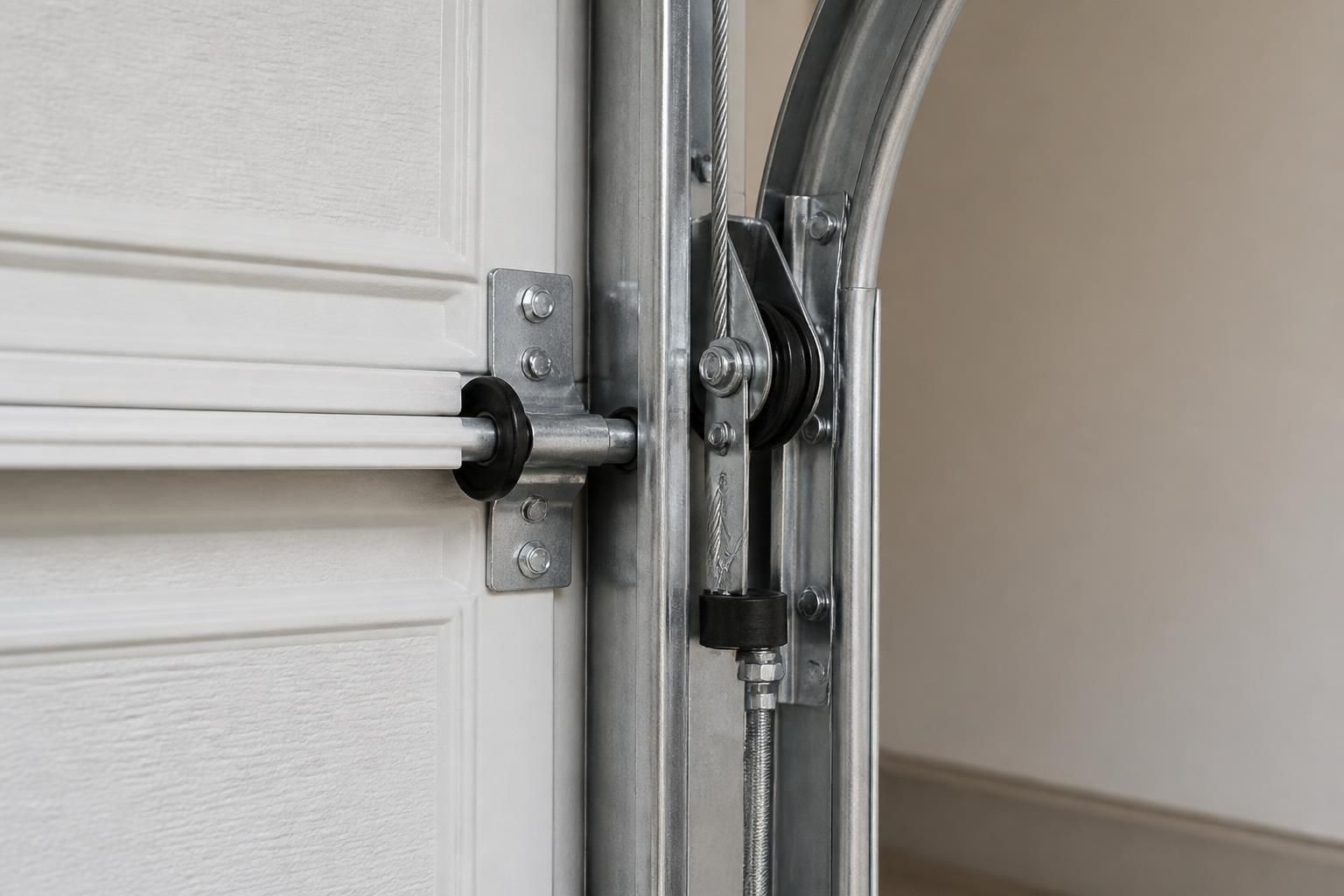 Garage door cables and hardware on a finished door system.