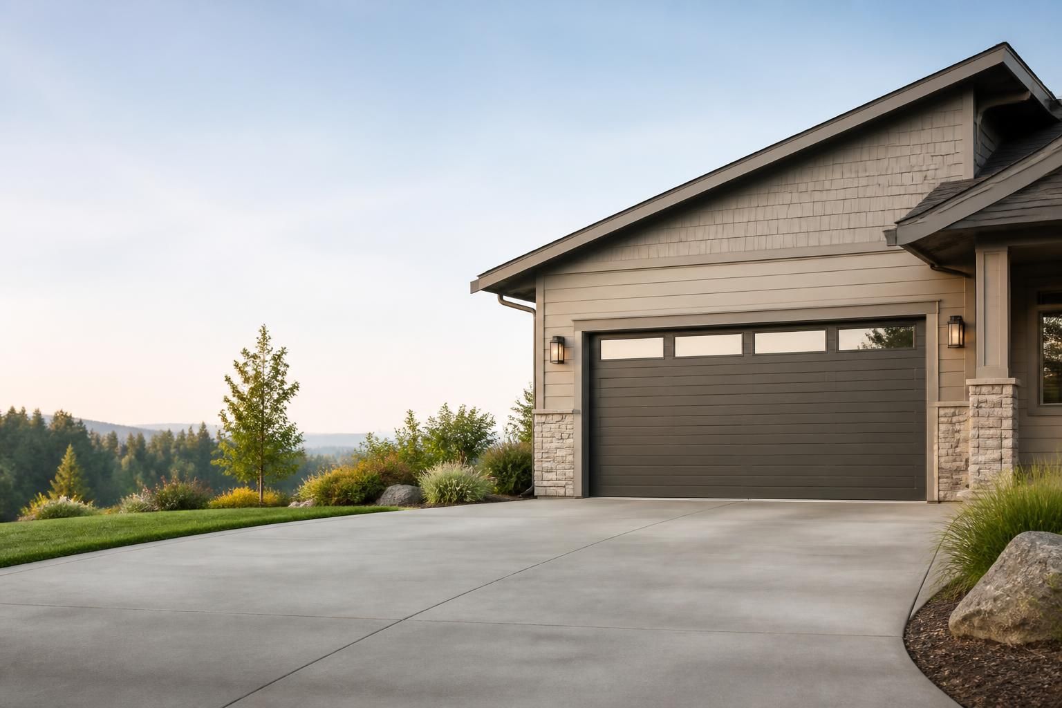 Finished home exterior with a clean garage door and open space.