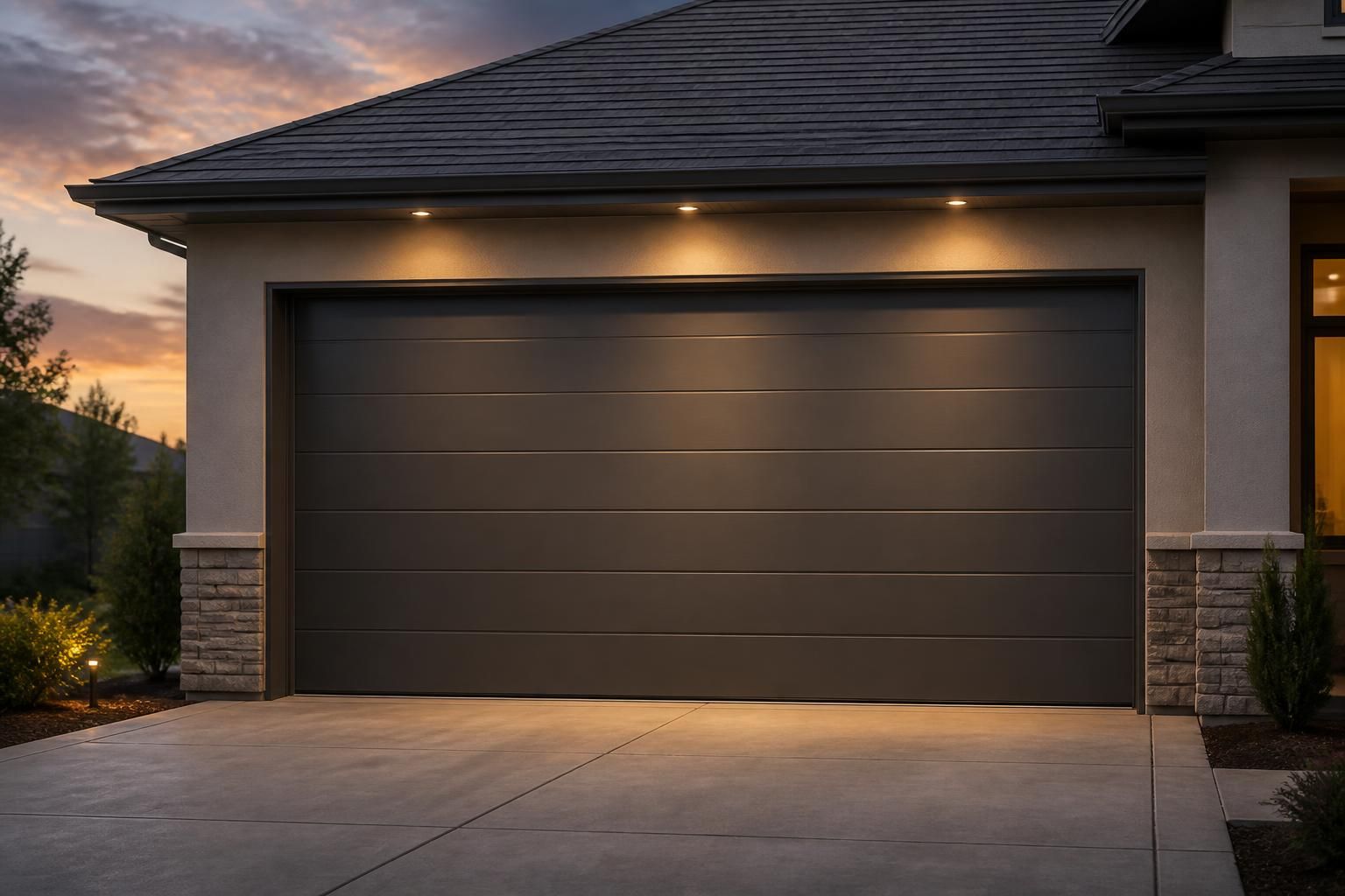 Closed garage door on a home exterior at dusk.