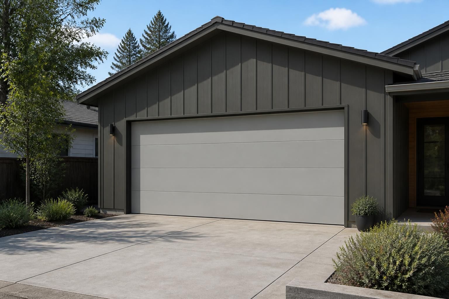 Modern home exterior with a newly installed garage door in daylight.