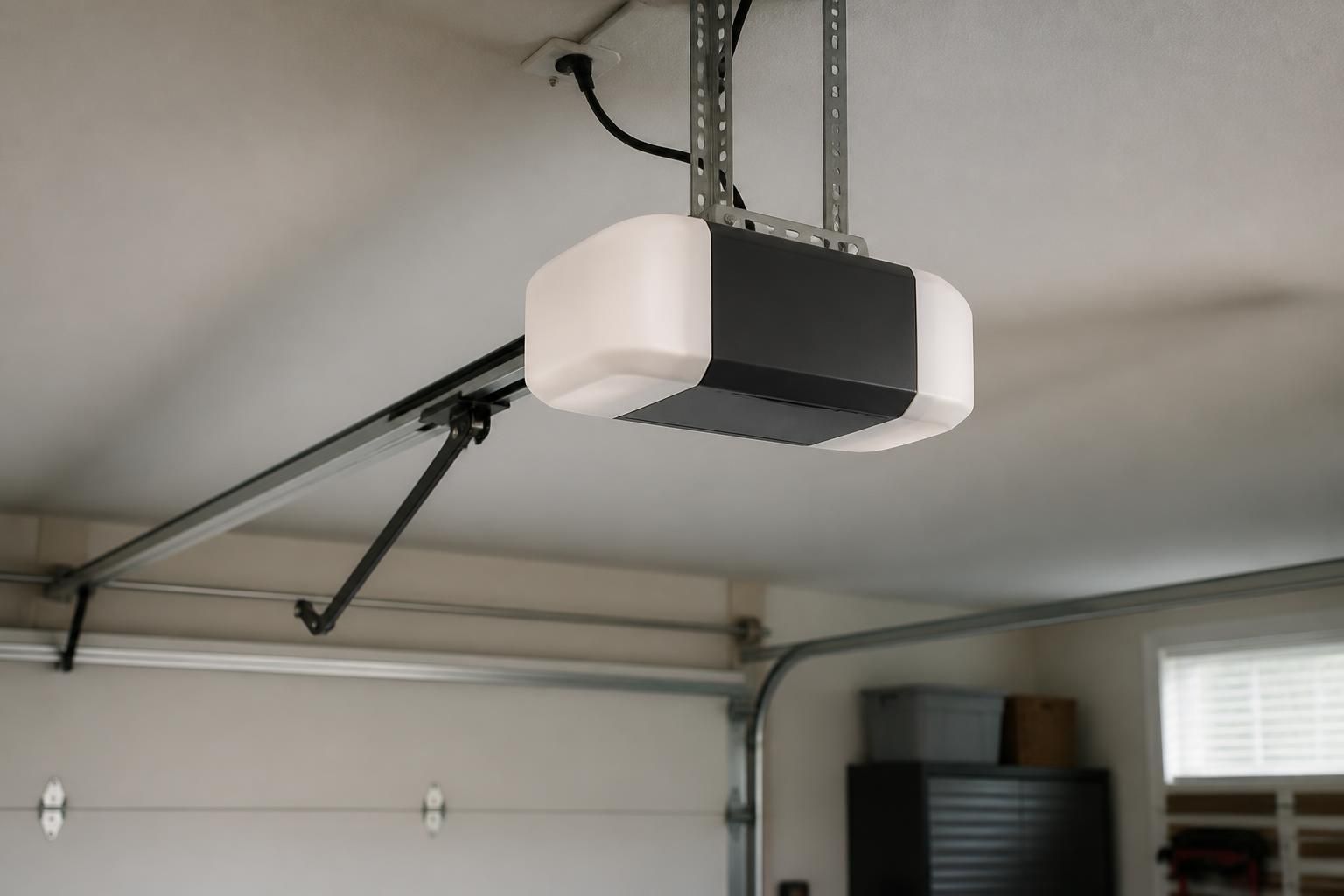 Garage door opener installed on a clean garage ceiling.