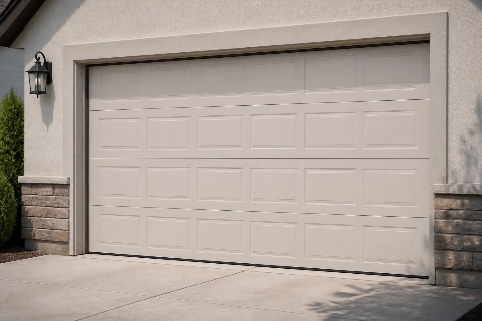 Repaired garage door with aligned panels on a home exterior.