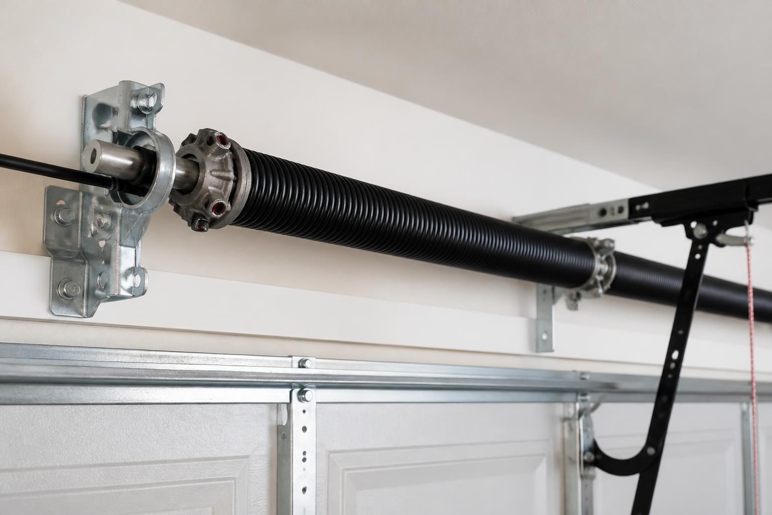 Garage door spring assembly in a clean finished garage.