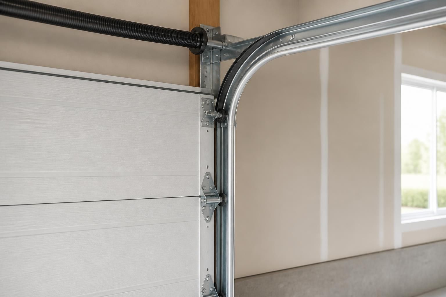 Aligned garage door track in a clean finished garage.