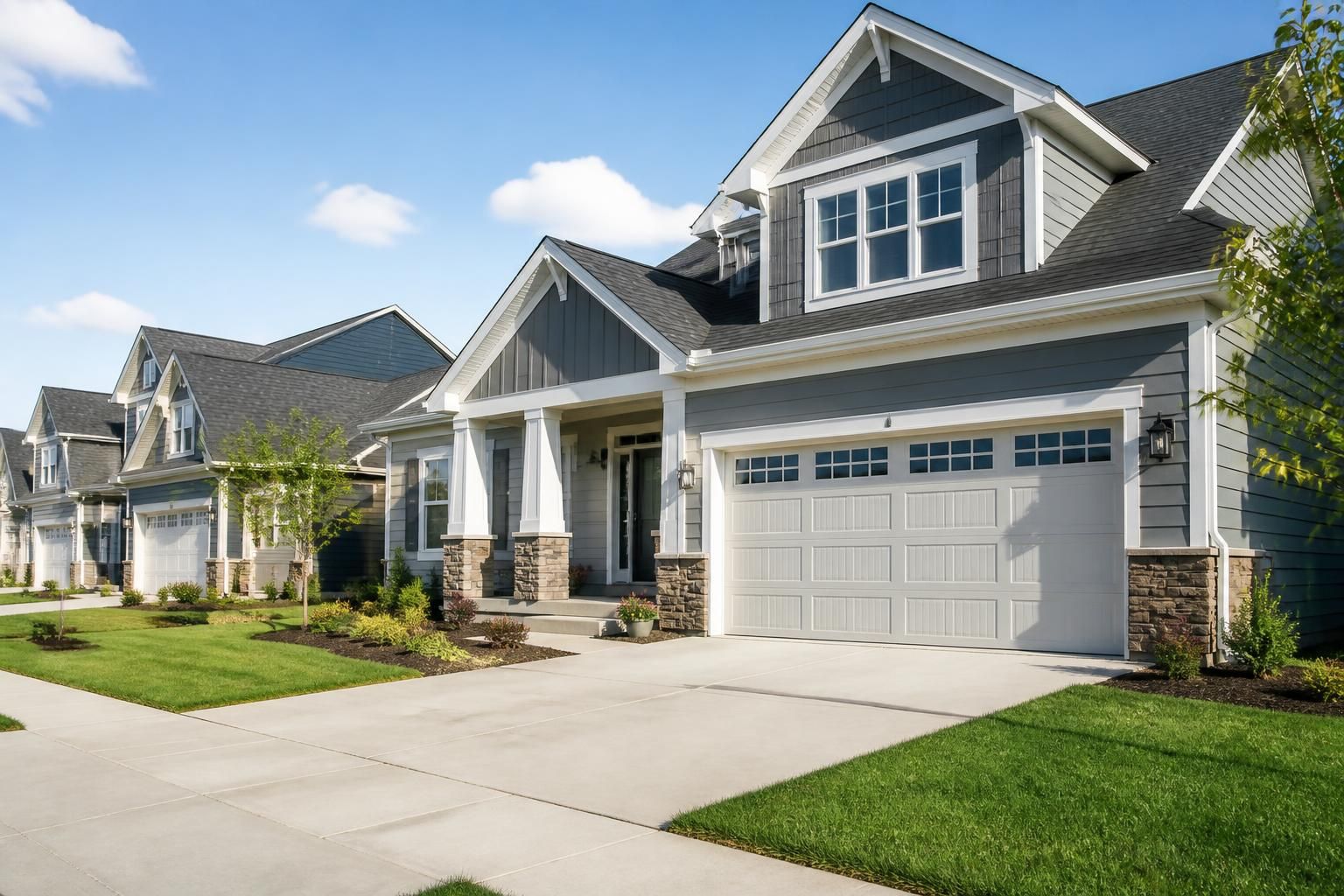 Newer homes with neat driveways and garage doors.