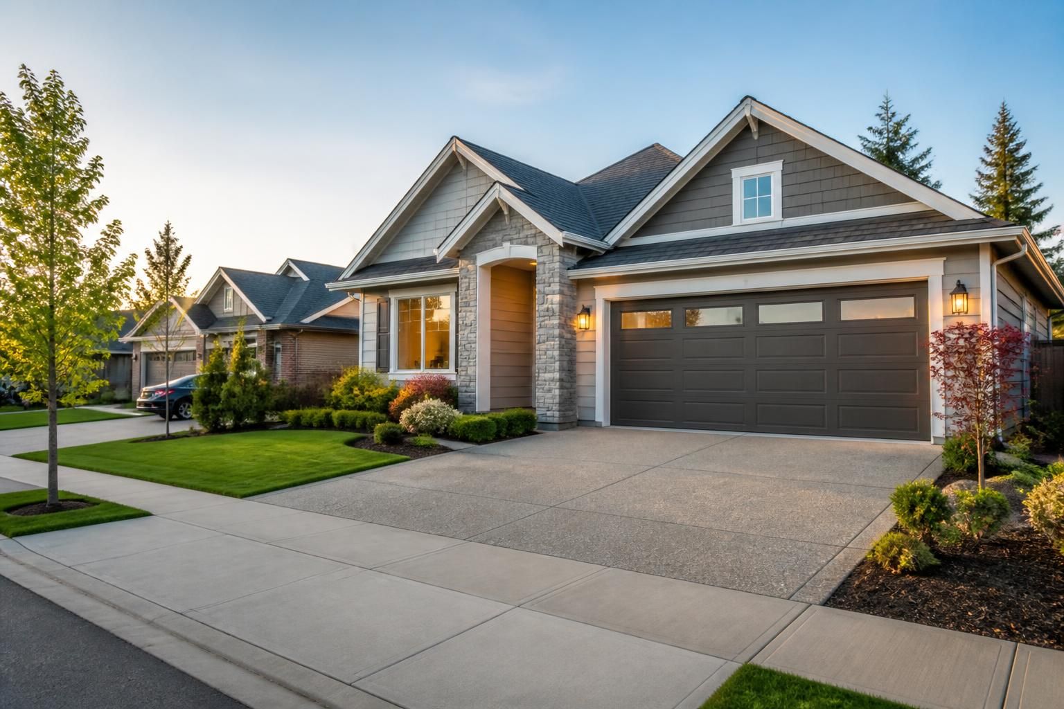 Spacious suburban homes with modern garage doors.