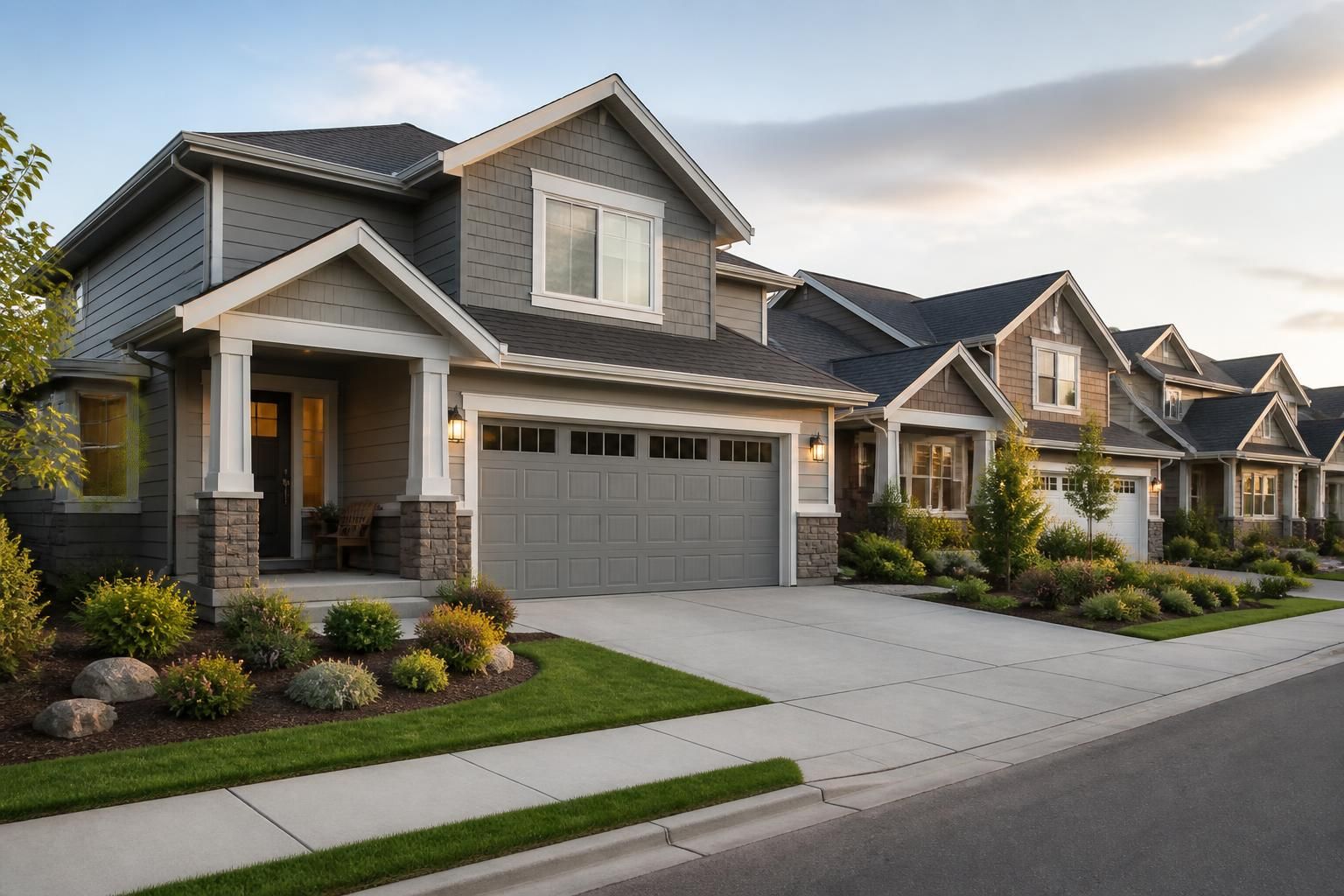 Residential neighborhood with tidy homes and garage exteriors.
