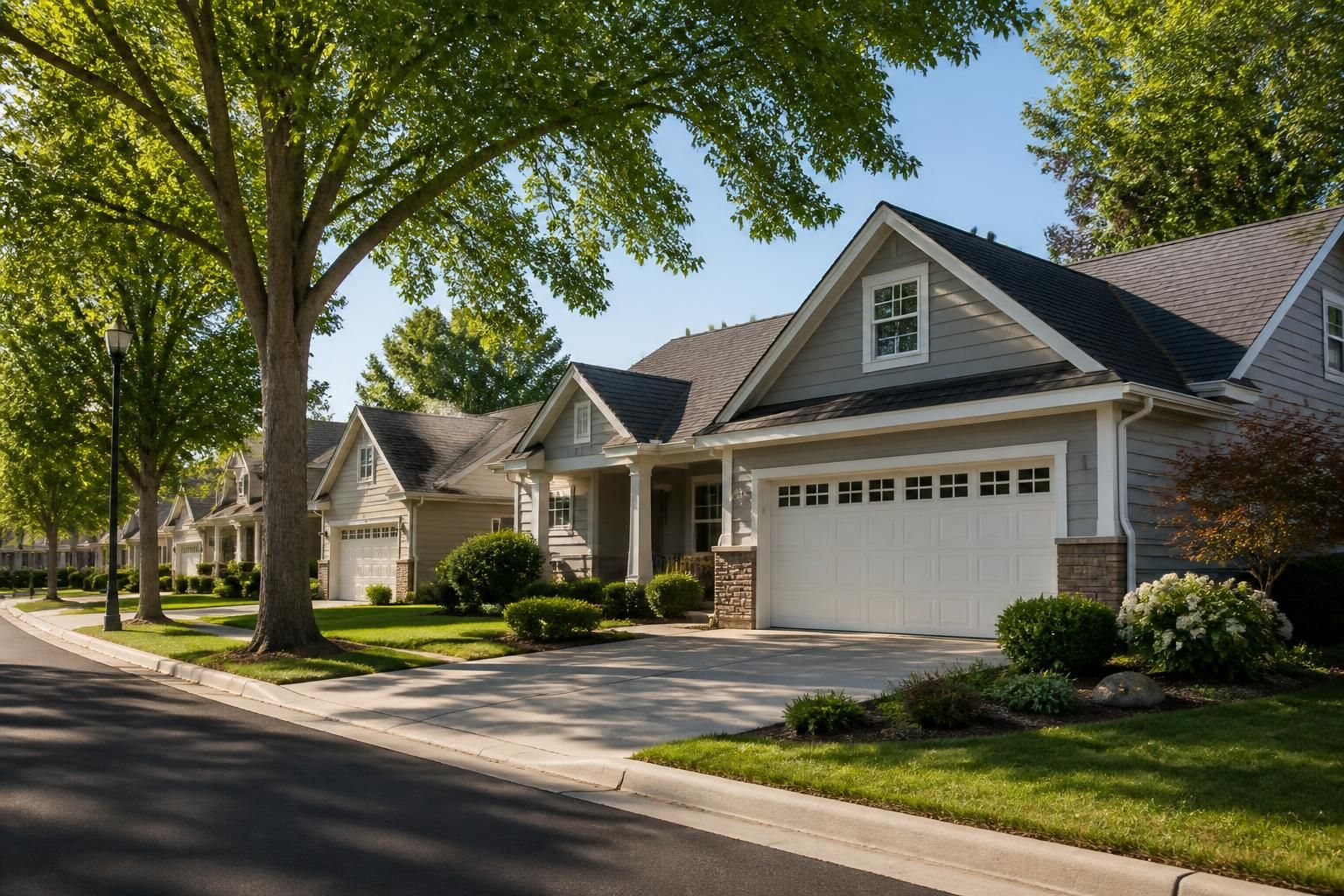 Well-kept neighborhood homes with garage-front exteriors.